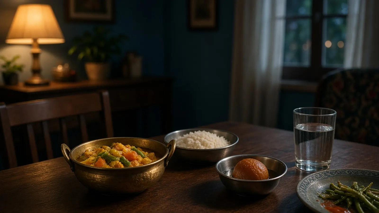 A home table after a festive meal, with rice, curry and a glass of water