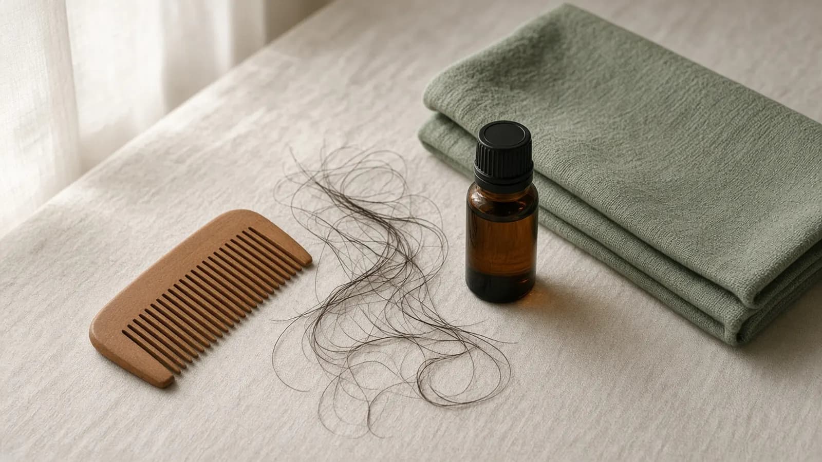 A wooden comb and a few loose hairs on linen beside a small bottle
