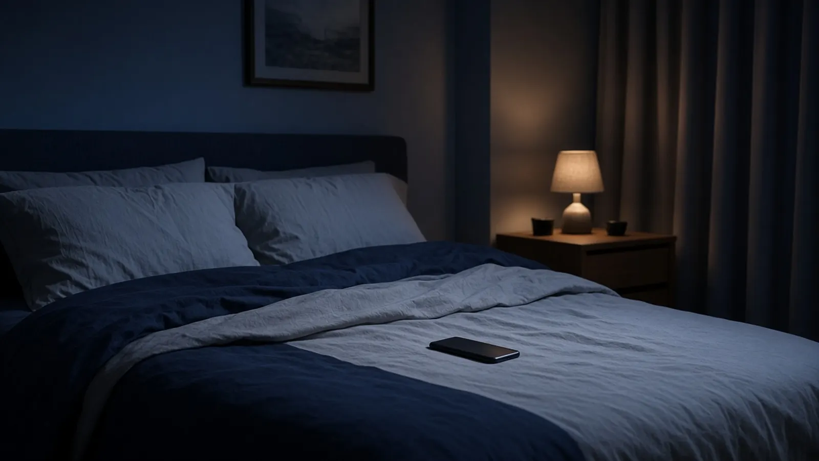 A quiet bedroom at night with a lamp and a phone placed face down