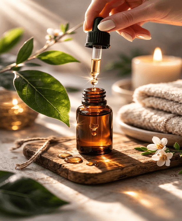 A homoeopathic remedy in an amber bottle, with a dropper, leaves and soft light