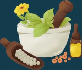 Mortar and pestle with herbs, homoeopathic pellets and a remedy bottle